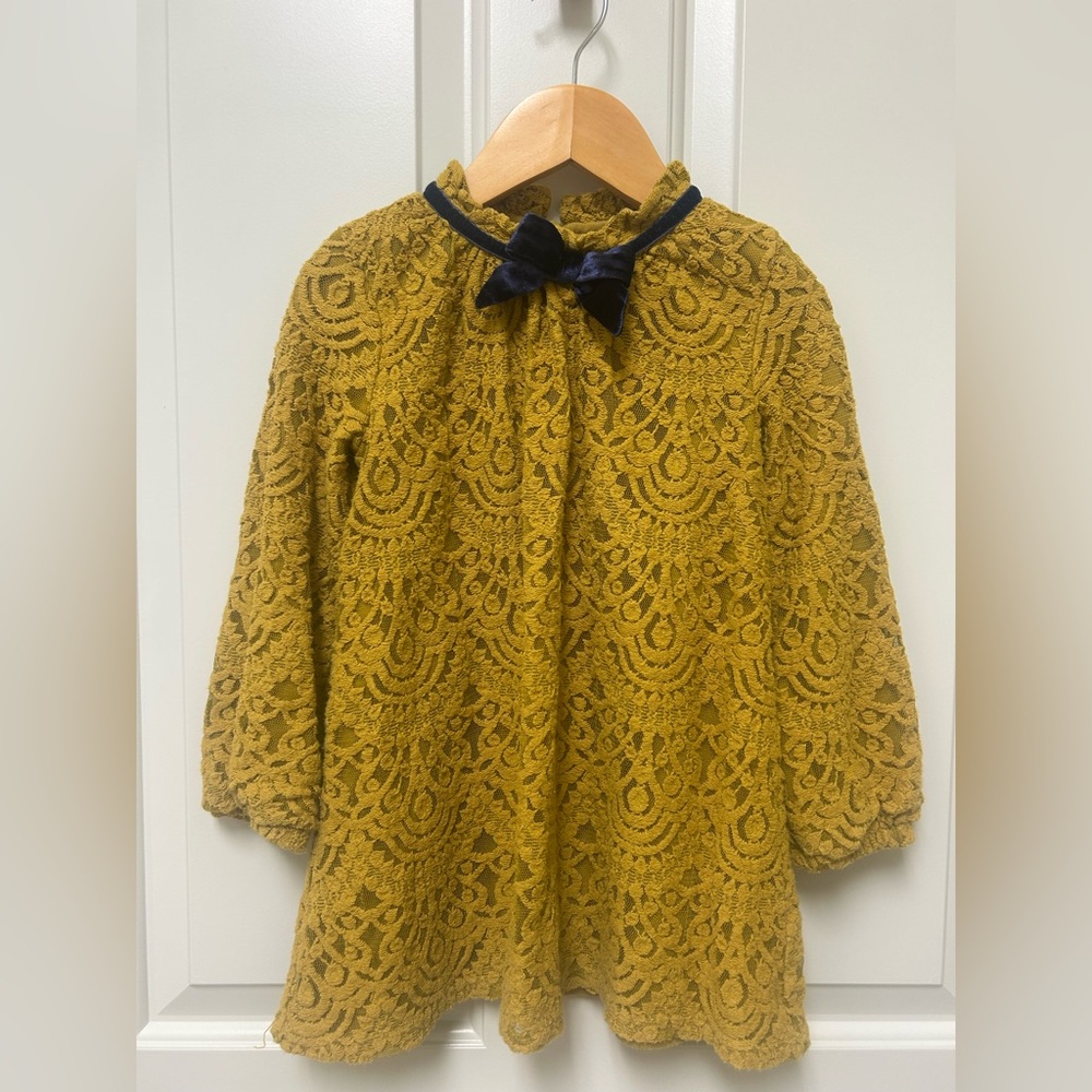 Girls' Mustard Lace Casual Dress with Navy Bow